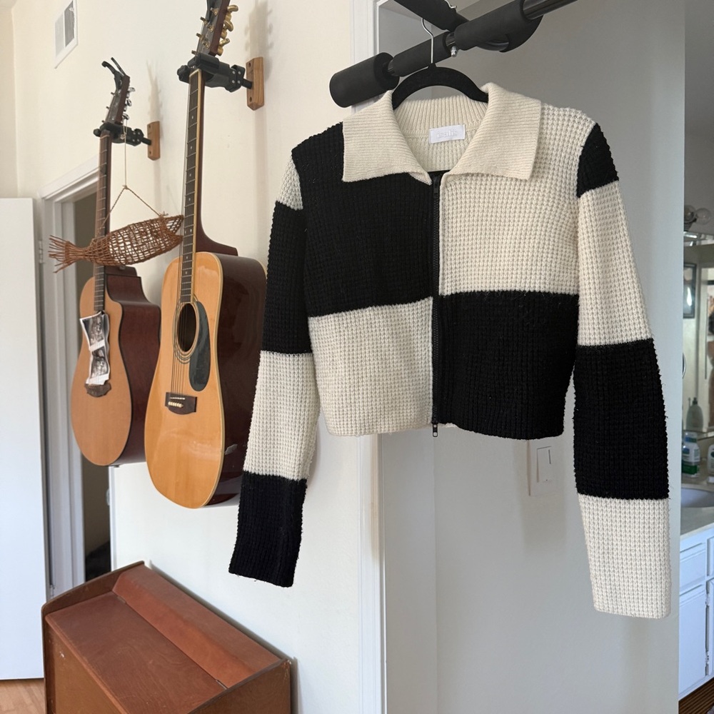 Cropped Black & Cream Zip-Front Bomber Jacket